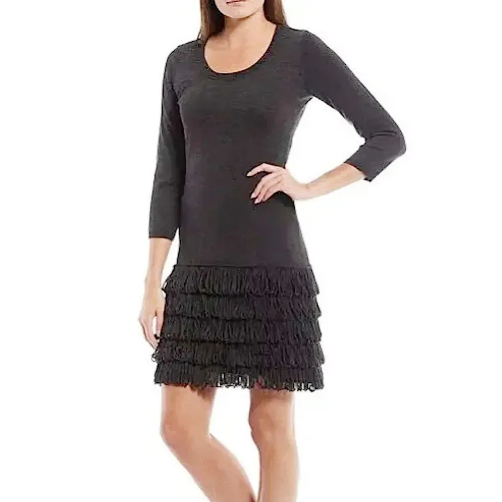 Calvin Klein Dark Grey Fringe 3/4 Sleeve Scoop-neck Bodycon Sweater Dress